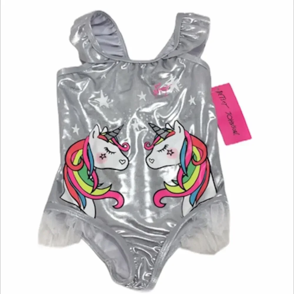 Betsey Johnson Rainbow Unicorns Swimsuit, Silver